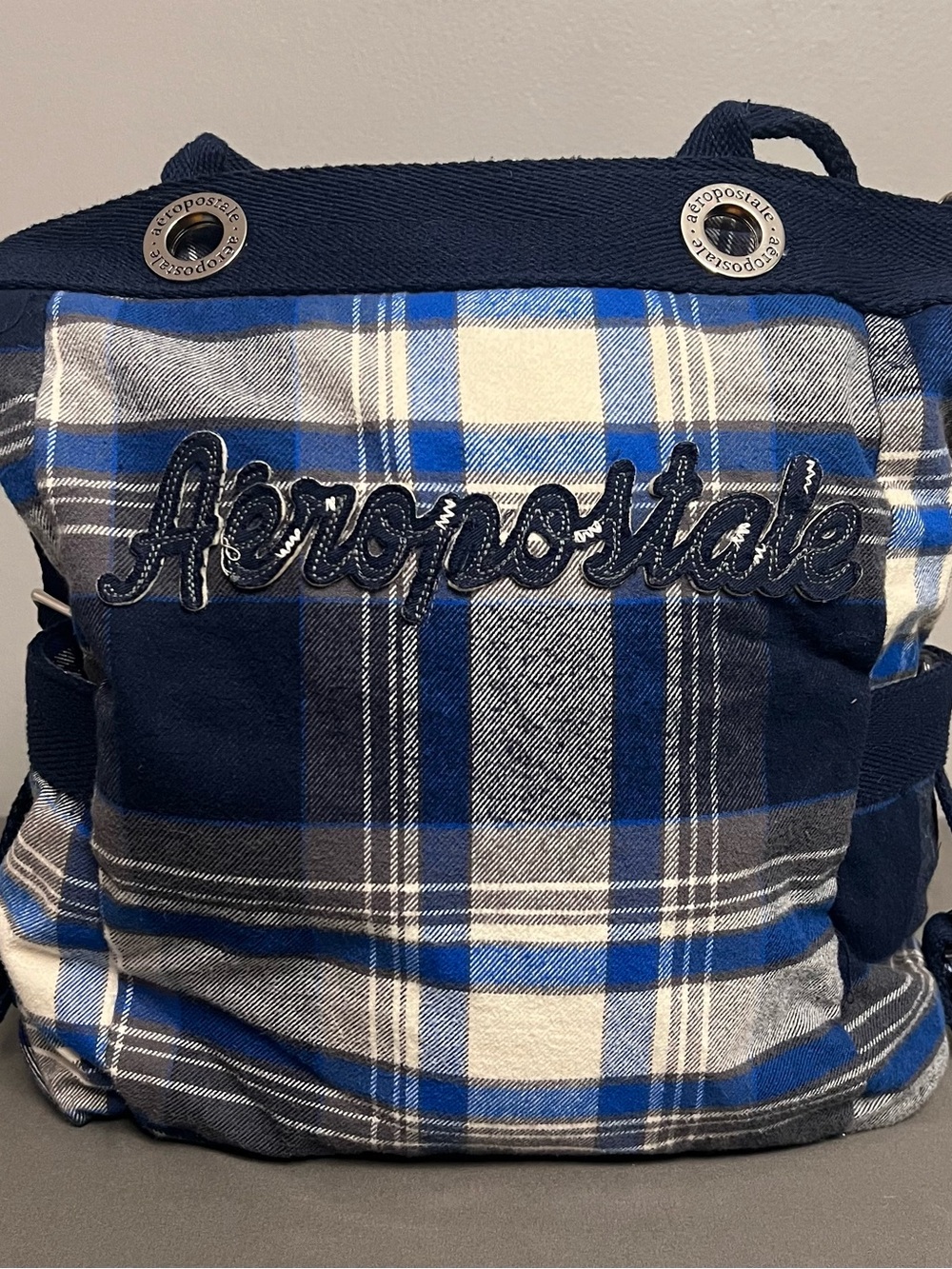 VTG Y2K 90s Aeropostale Lightweight Blue & Gray Plaid Material Shoulder Tote Bag